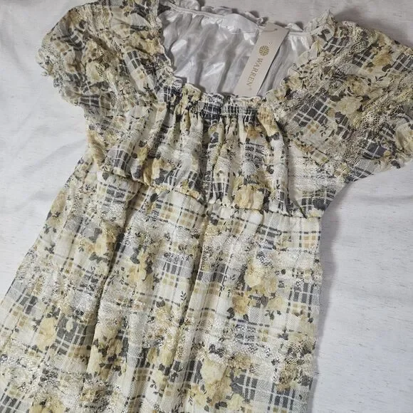 Mini Milkmaid Babydoll Puff Sleeve Dress M Sheer Lace Floral Plaid Twee Yellow - Picture 2 of 12